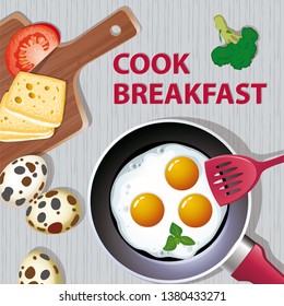 Vector banner Cooking Breakfast with fried eggs in a pan, cutting Board, quail eggs, tomato slice, broccoli and sliced cheese