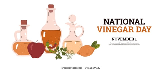 Anuncio de Vector con artículos de cocina para el Día Nacional del Vinagre. Ilustración con botellas de vinagre y aditivos naturales: manzana, limón, perejil y eneldo. Ingredientes para cocinar en estilo de dibujos animados.