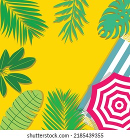 Vector banner with copy space with summer vacation travel concept. Green palm leaves umbrella beach blanket on yellow background