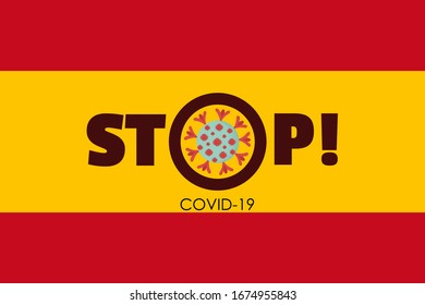 Vector banner of coronavirus outbreak in Spain. Quarantine in Spain. Stop coronavirus concepts.Spanish in national flag and warning. Epidemic alert. Covid-19, 2019-nCoV. Molecule of coronavirus.