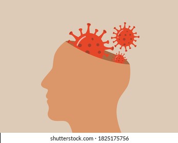 Cartel vectorial con un virión de coronavirus en lugar de un cerebro en la cabeza humana, y células virales a su alrededor. Afiche del concepto de salud mental y alto al coronavirus. Pandemia global COVID-19