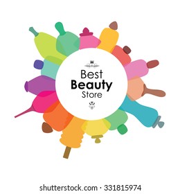 Vector banner with cosmetic items and bottles, best beauty store lettering and circle design on white background