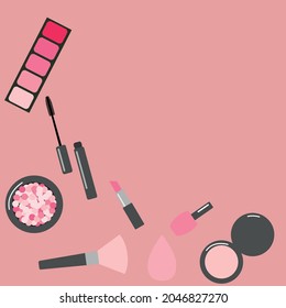 banner vectorial con elementos cosméticos. imagen plana superior de los elementos de maquillaje.