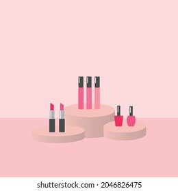 vector banner with cosmetic items on stands. flat image with makeup items on round stands. pink background with pink pedestals