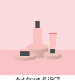 vector banner with cosmetic items on stands. flat image with makeup items on round stands. pink background with pink pedestals