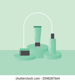 banner vectorial con artículos cosméticos en los soportes. imagen plana con elementos de maquillaje en soportes redondos. fondo verde con veladores verdes