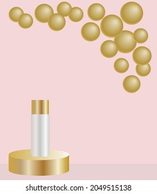 vector banner with cosmetic items on stands. flat image with makeup items on round stands. pink  background with gold pedestals