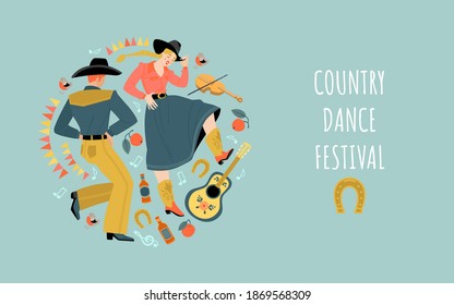Vector banner for the country dance festival with a funny couple, musical instruments, beer and decorations. Cartoon illustrations in flat style