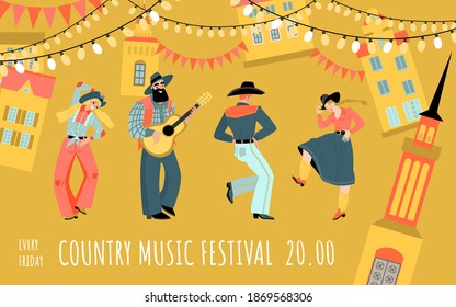 Vector banner for the country music festival with funny dancers and a musician with a guitar on the background of the cityscape. Cartoon illustrations in flat style