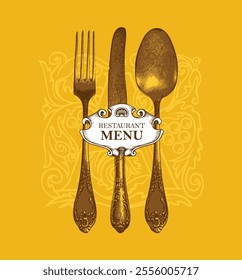 Vector banner or cover for food and drink menu for restaurant or cafe with realistic fork, spoon and knife with initial letter, curlicues and flower ornament in vintage style