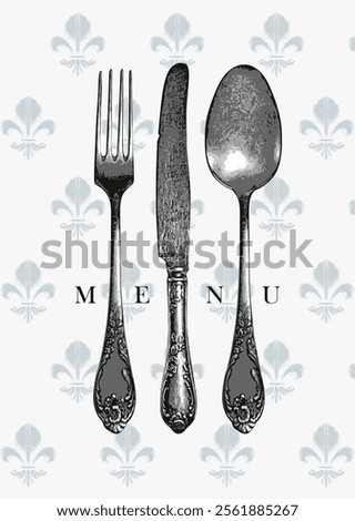 Vector banner or cover for food and drink menu for restaurant or cafe with realistic fork, spoon and knife with flower ornament in vintage style