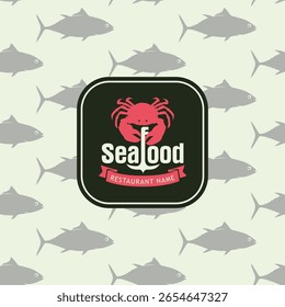 Vector banner with crab on background of seamless pattern with sea fish. Seafood. Logo, menu, label for restaurant, cafe. Signboard for fish market, shop. Canned food. Print, fabric, textile. No ai