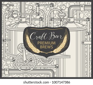 Vector banner for craft beer and brewery, with a handwritten inscription and spikelets on the background illustration of the production line of the brewery in retro style