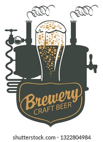 Vector banner for craft beer and brewery, with a calligraphic inscription, an overflowing glass of frothy beer and brewing machine of the old brewery in retro style