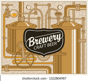 Vector banner for craft beer and brewery, with a calligraphic inscription on the background illustration of the production line of the old brewery in retro style