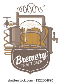 Vector banner for craft beer and brewery, with a calligraphic inscription, wooden mug and brewing machine of the old brewery in retro style