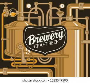 Vector banner for craft beer and brewery, with a calligraphic inscription on the background illustration of the production line of the old brewery in retro style