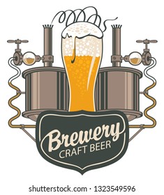 Vector banner for craft beer and brewery, with a calligraphic inscription, an overflowing glass of frothy beer and brewing machine of the old brewery in retro style