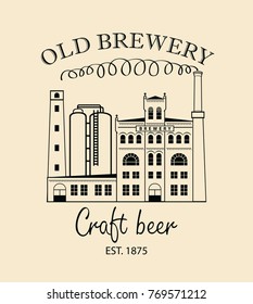 Vector banner for craft beer with a contoured image of the building of the old brewery and the inscription in a retro style