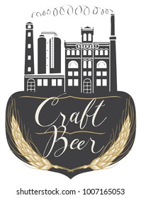 Vector banner for craft beer with a handwritten inscription and image of building of old brewery in retro style