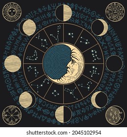 Vector banner with a crescent moon, zodiac constellations, moon phases and esoteric signs written in a circle on a black background. Hand-drawn illustration on the astrological theme in retro style