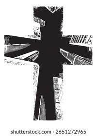 Banner de vetor com fundo transversal da capa urbana com arquitetura de elementos. Cartaz sobre urbanismo, arte de rua, tecnologias digitais e religião. Design de camiseta. Sem IA