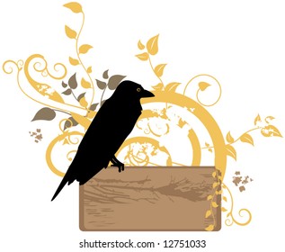 Vector Banner - crow on top of old wooden board with copy-space for text