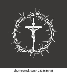 Vector banner with a crucifix inside a crown of thorns. Religious illustration on the theme of Easter or Good Friday. Cross with crucifixion of Jesus Christ, a symbol of Christianity and Catholicism