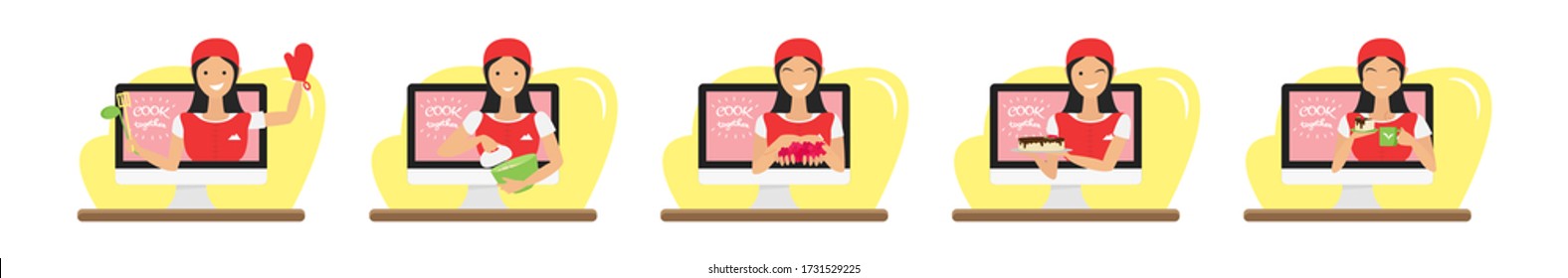 Vector banner for culinary vegan blog with prof. Handsome girl is greeting, cooking, showing and testing dessert. Video channel with cute asian woman chef. Concept of online masterclass in flat style 