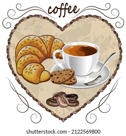 Vector banner with a cup of coffee.Cup with coffee, cookies and croissant on a colored background in vector illustration.