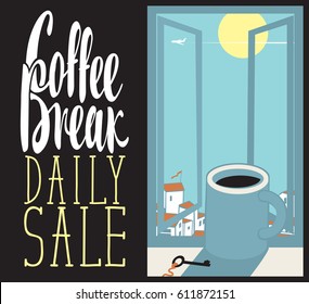 vector banner cup of coffee on the window sill with cityscape and inscription coffee break