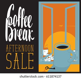 vector banner cup of coffee on the window sill with afternoon cityscape and inscription coffee break