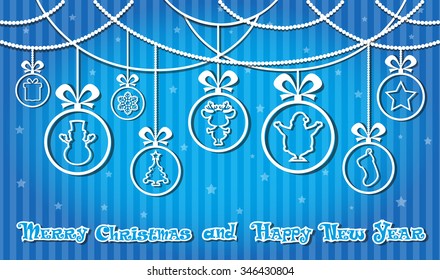 Vector banner  cute balls: Santa Claus, snowman, tree, gift sock, present box, deer, star, bells, and hand drawn text Merry Christmas and Happy New Year on striped background