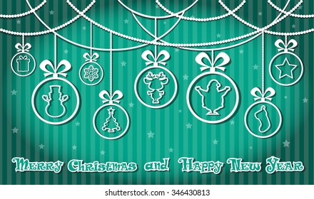 Vector banner cute balls: Santa Claus, snowman,  Xmas tree, gift sock, present box, deer, star, bells, and hand drawn text Merry Christmas and Happy New Year on striped background