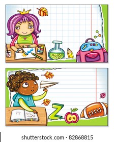 Vector banner with cute children sitting at the desks and school design elements. Copybook background, space for your text