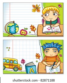 Pancarta vectorial con niños lindos sentados en los escritorios y elementos de diseño de la escuela. Fondo del libro de copias, espacio para el texto.