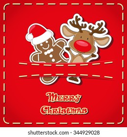 Vector banner: cute figurines deer, gingerbread man in red  jeans pocket and hand drawn text Merry Christmas 