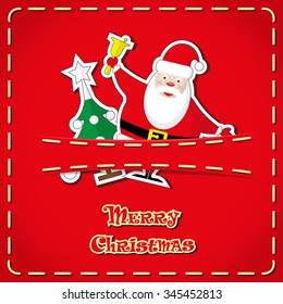 Vector banner: cute figurines Santa Claus, christmas tree in red jeans pocket and hand drawn text Merry Christmas 