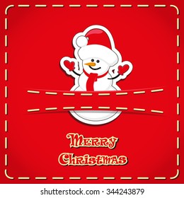 Vector banner: cute figurines snowman in red jeans pocket and hand drawn text Merry Christmas 