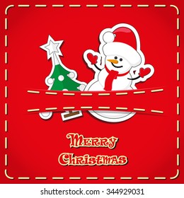 Vector banner: cute figurines snowman, christmas tree in red  jeans pocket and hand drawn text Merry Christmas 