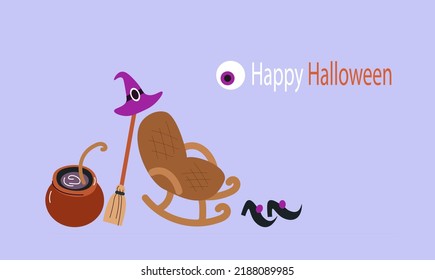 Vector banner cute Halloween icons: ghosts, zombie eye,  pumpkin, spiders. Doodle collection with holiday decorations. Funny Halloween greeting card.