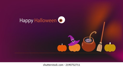 Vector banner cute Halloween icons: ghosts, zombie eye,  pumpkin, spiders. Doodle collection with holiday decorations. Funny Halloween greeting card.