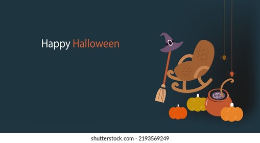 Vector banner cute Halloween icons: ghosts, zombie eye,  pumpkin, spiders. Doodle collection with holiday decorations. Funny Halloween greeting card.
