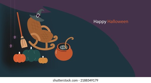 Vector banner cute Halloween, Witch house, potion magic,  pumpkin, spiders. Doodle collection with holiday decorations. Funny Halloween greeting card.
