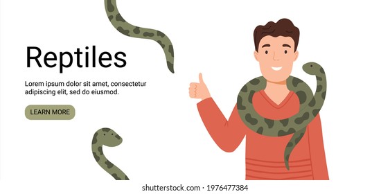 vector banner, cute man and snake, concept image for pet shops and snake lovers