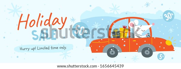 Vector banner with cute rat and promotion text. Can\
be used as template for web banner, shopping promo poster, sale\
leaflet, discount card.