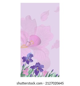 Banner vectorial con flores de iris azul oscuro en el fondo de la rosa. Ilustración vectorial, papel tapiz, postales, diseño para productos naturales.