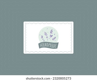 Vector banner or decorative sticker with lettering Handmade . Natiral Lavender sprigs with flowers, design element with pattern for packaging in flat style.