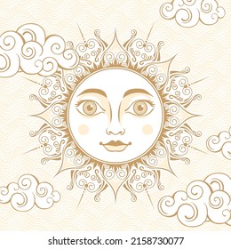 Banner vectorial con sol decorativo vintage. Geometría Sagrada, Magia, Filosofía Esotérica. El fondo es beige. Sol y nubes pintadas a mano. Símbolo de astrología, ocultismo, solar. Gráficos retro.