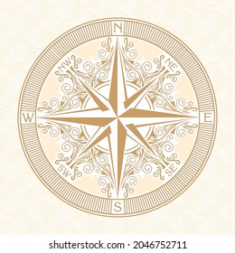 Vector banner with decorative wind rose, old nautical compass. Illustration on the theme of travel and discovery. Beige waves background
